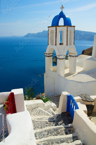 view of caldera with stairs and belfry  Santorini