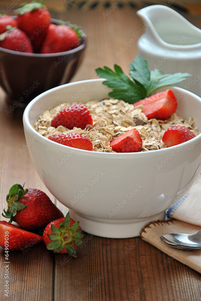 bowl of cereal with milk and strawberries bowl of cereal with milk and strawberries
