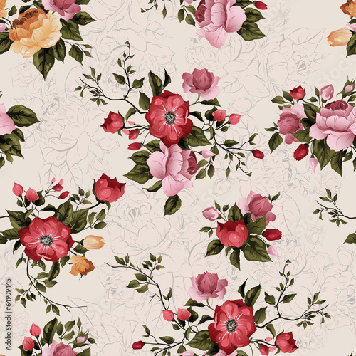 Seamless floral pattern with roses on light background