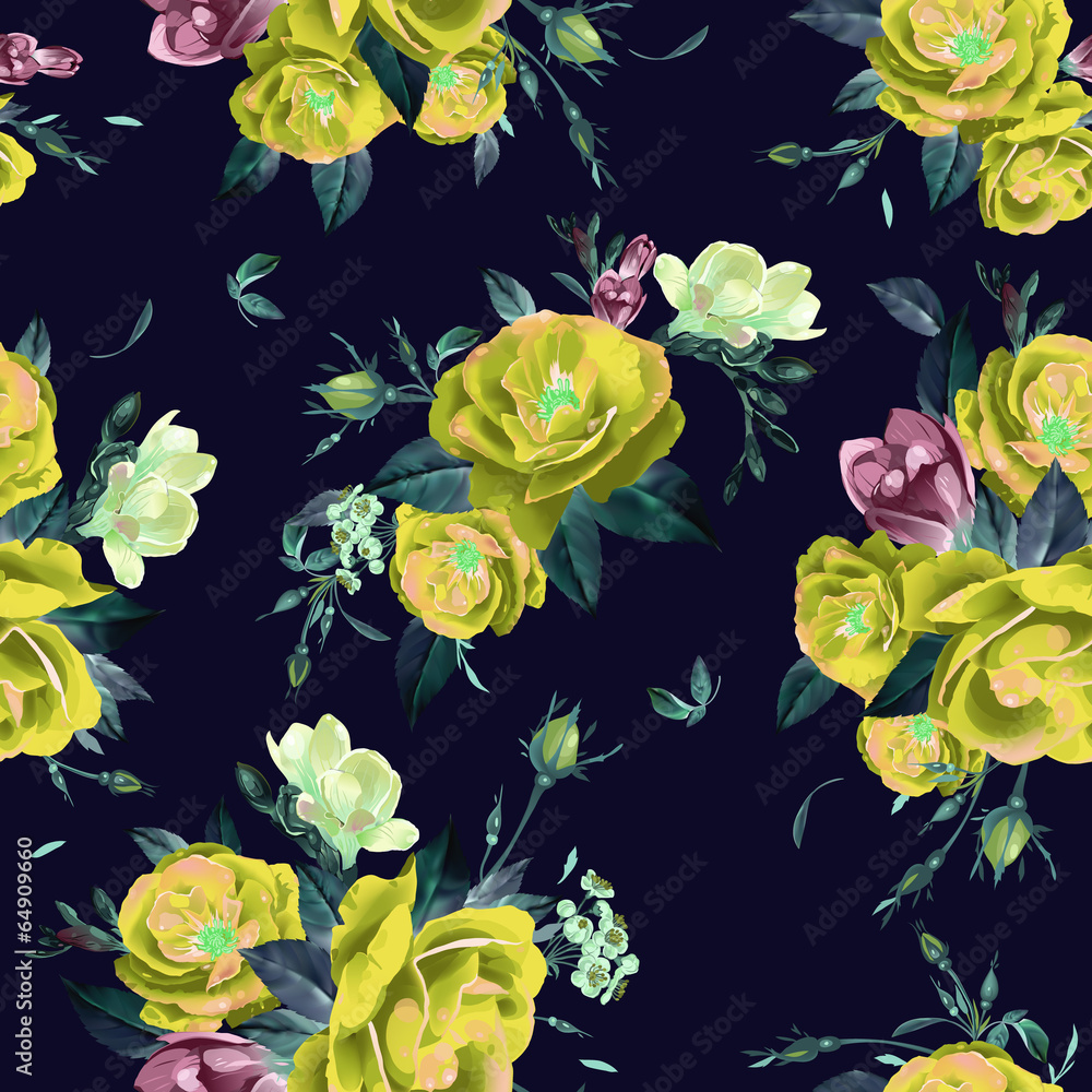 Abstract seamless floral pattern with of roses and freesia