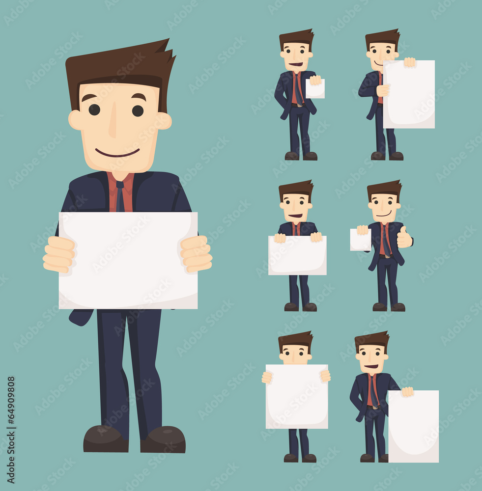 Set of businessman holding blank notes characters poses Set of businessman holding blank notes characters poses