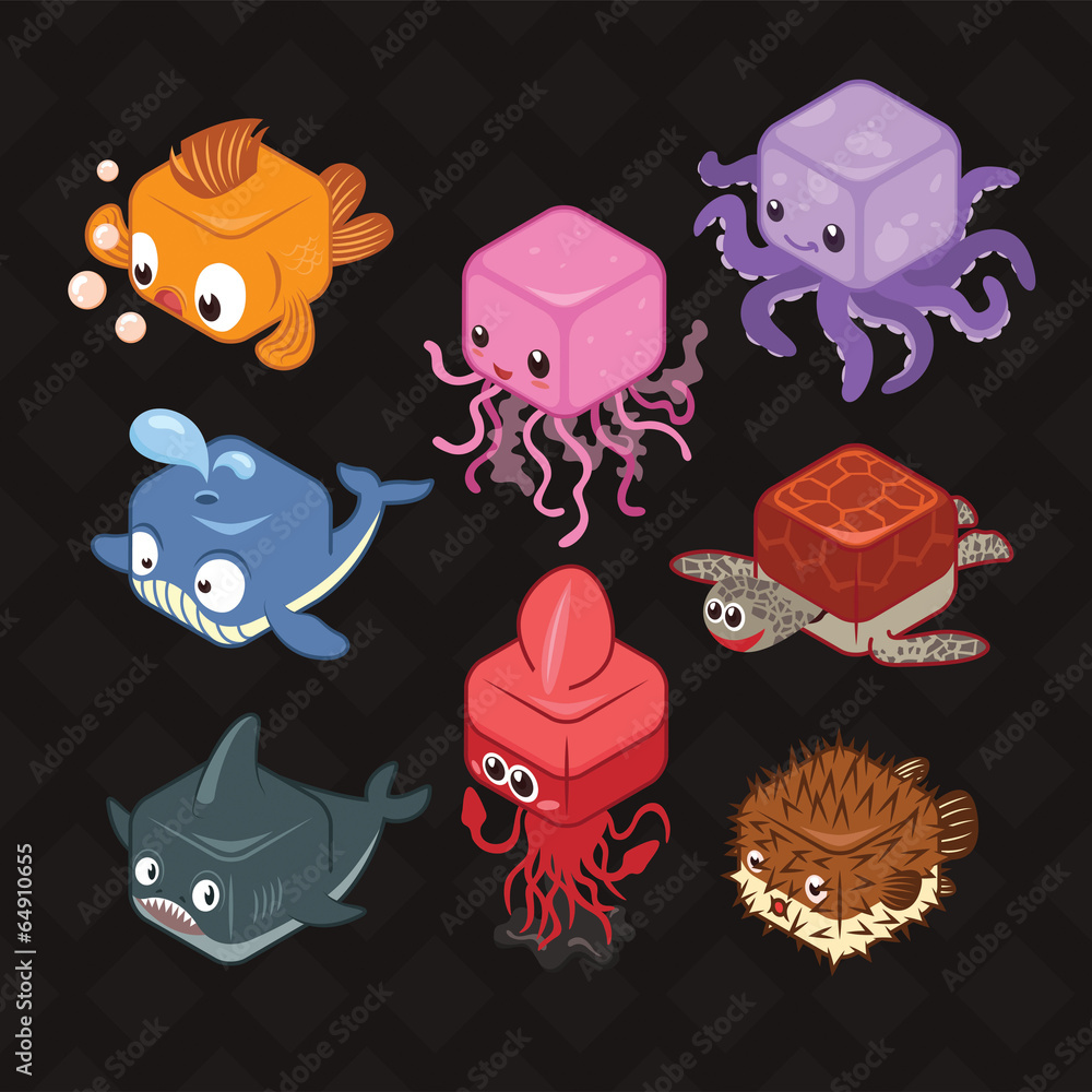 Vecteur Stock sea creatures cube icon characters | Adobe Stock