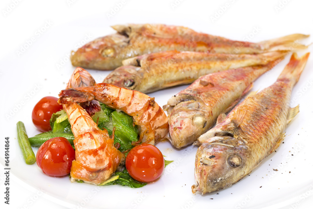 grilled fish with shrimp salad