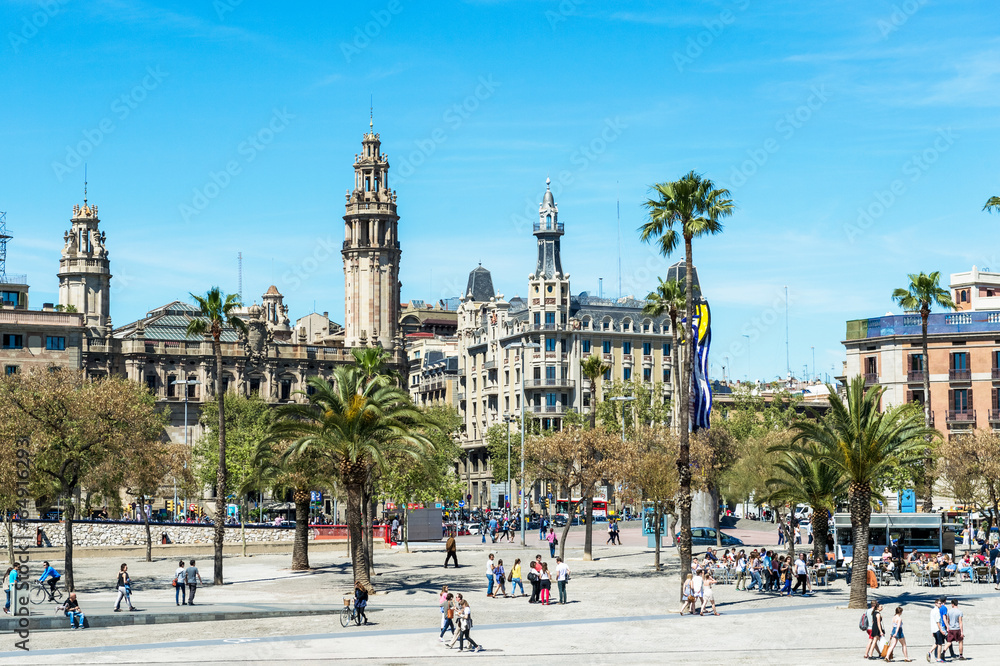 Fototapeta premium Promenade by port Vell in Barcelona, Spain.