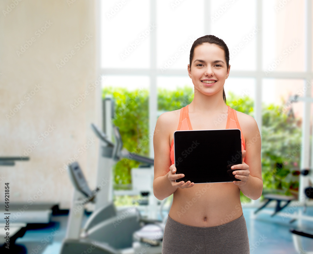 sporty woman with tablet pc blank screen sporty woman with tablet pc blank screen