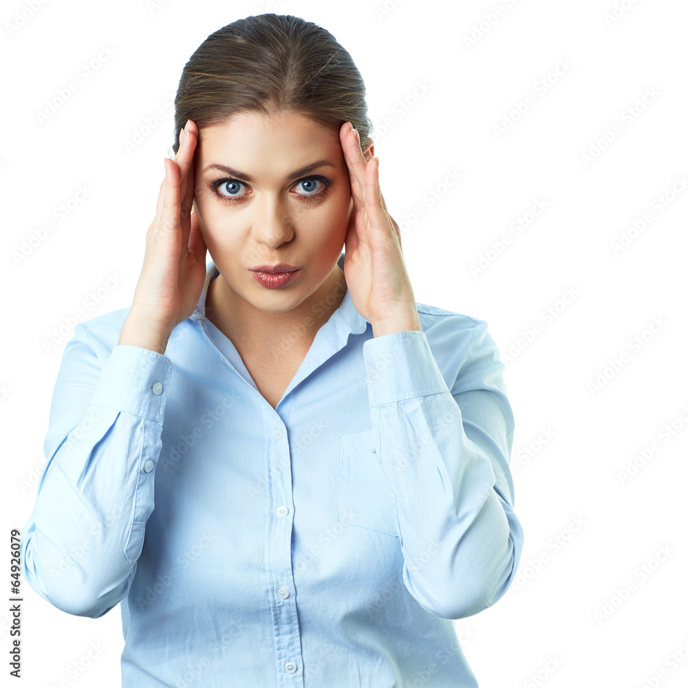 Headache. Pain. Isolated business woman portrait. Headache. Pain. Isolated business woman portrait.