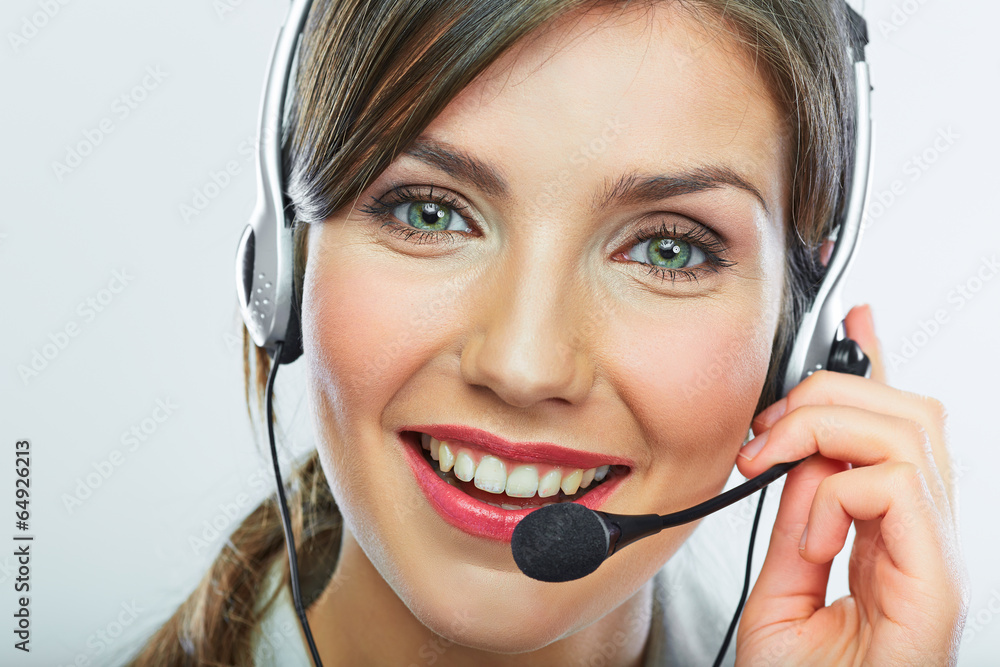 Customer support operator close up portrait. call center smili Customer support operator close up portrait. call center smili