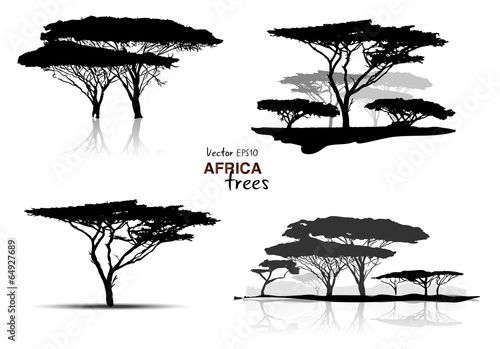 Silhouette of africa trees black on white background, vector
