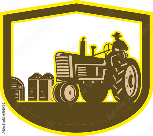 Farmer Driving Tractor Plowing Farm Shield Retro