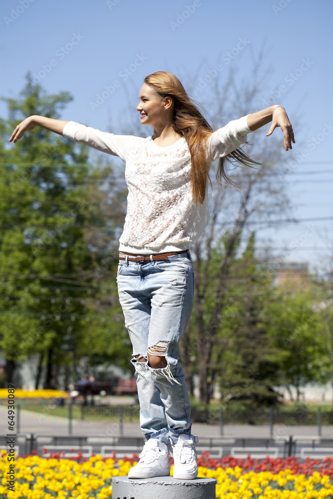 Upwards view of young woman enjoying life Upwards view of young woman enjoying life
