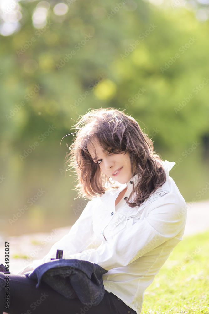 Summer Portrait of Young Caucasian Brunette On a Sunny Meadow Ne Summer Portrait of Young Caucasian Brunette On a Sunny Meadow Ne