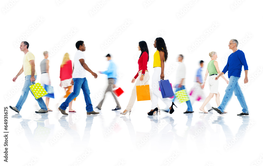 Mullti-ethnic group of people walking and holding bag