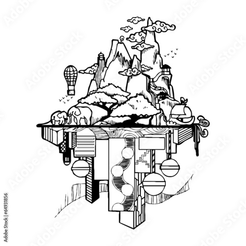 different world, valley and city drawing sketch vector