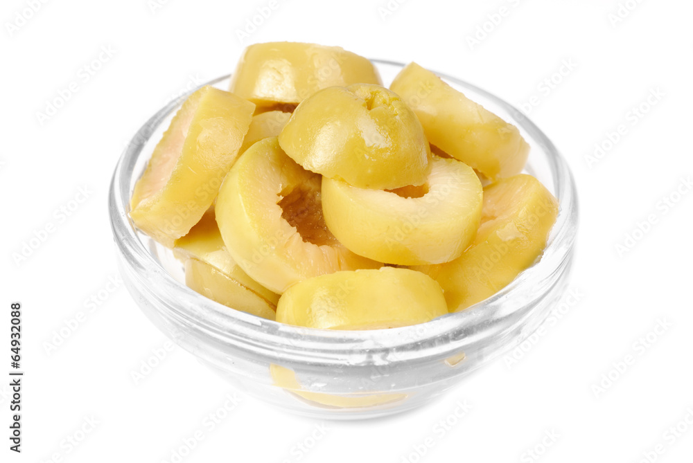sliced green olives on bowl isolated on the white background sliced green olives on bowl isolated on the white background