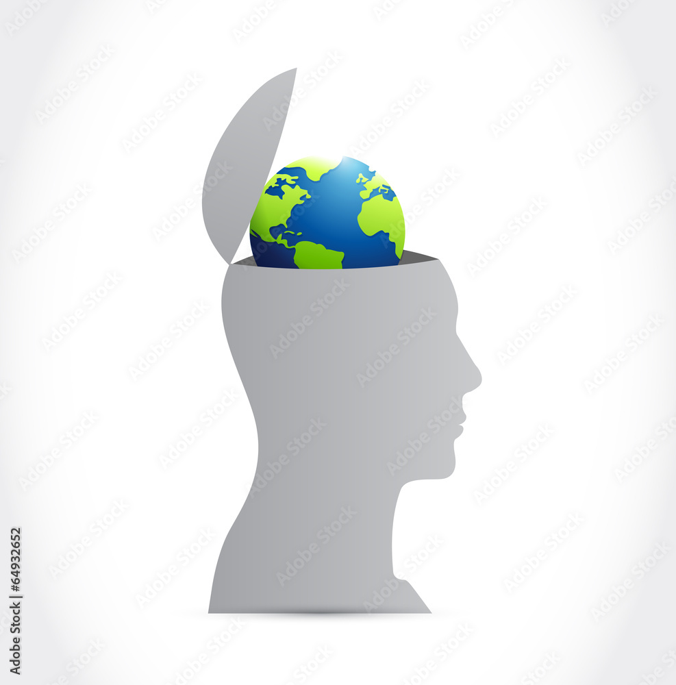 head and globe inside a head illustration head and globe inside a head illustration