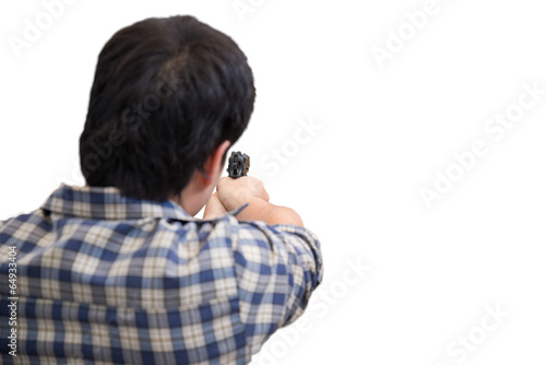 man firing gun, isolated on white background