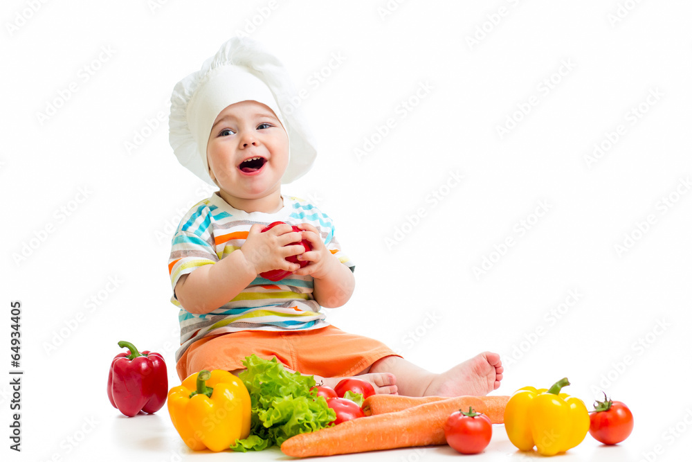 baby chef with healthy food vegetables baby chef with healthy food vegetables
