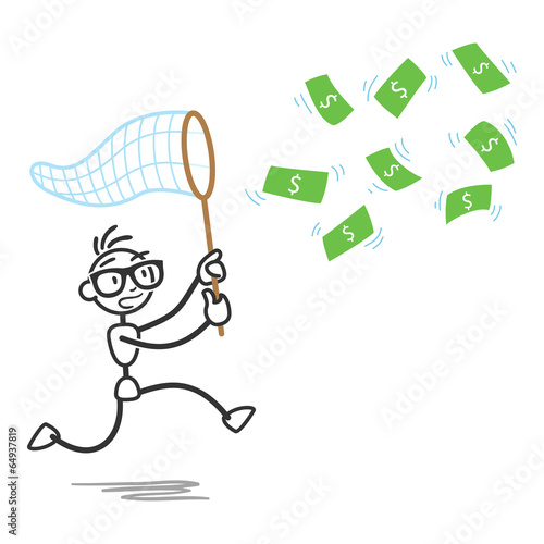 Stickman, chasing, money, bills, net