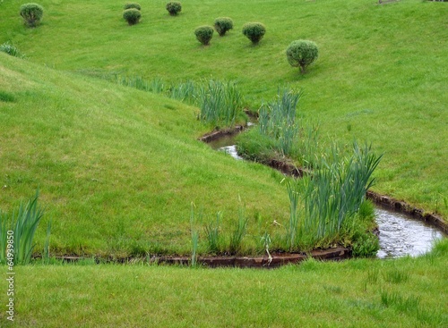 Little brook flowing between grass banks and bushes