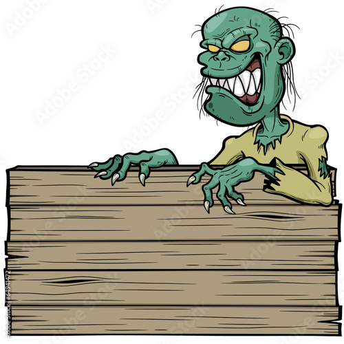Vector illustration of Cartoon zombie with wooden sign