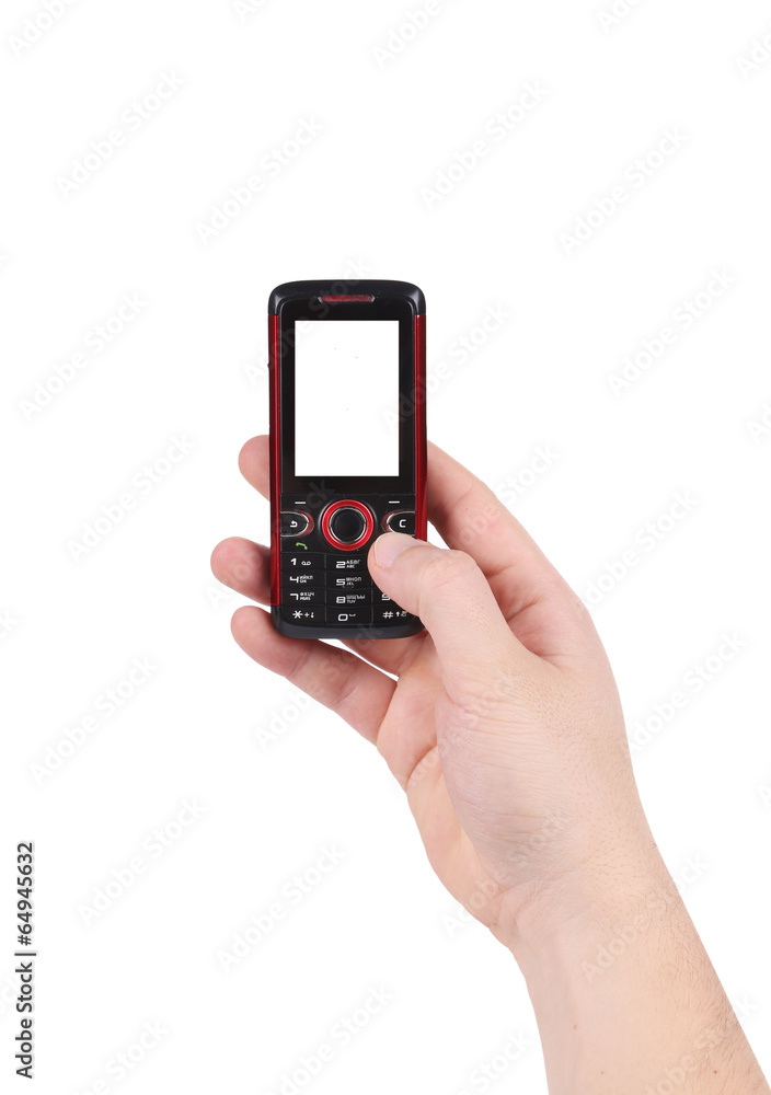 Mobile push-button telephone in hand. Mobile push-button telephone in hand.