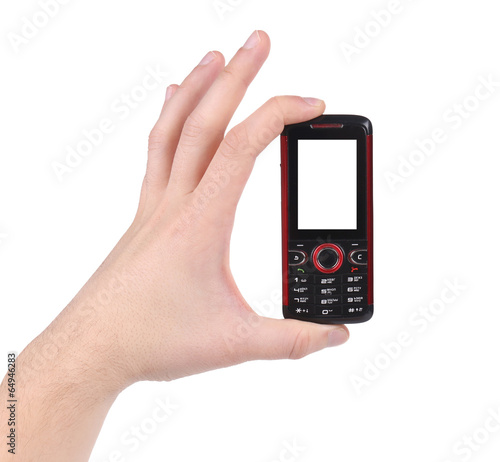 Hand with mobile phone.
