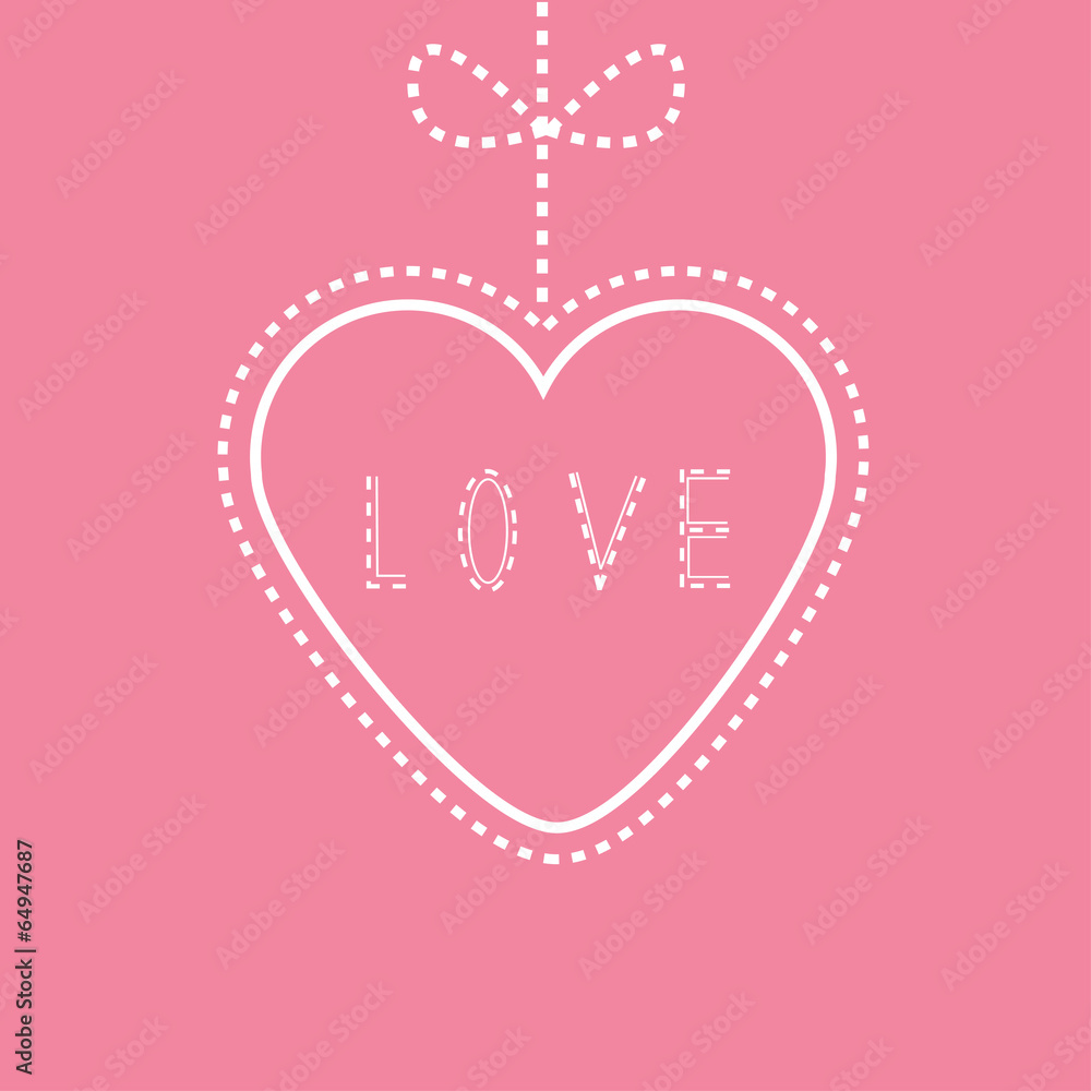 Hanging pink heart with bow. Love card.