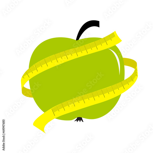 Green apple with yellow measuring tape ruler. Diet concept card.