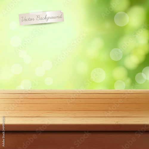 Empty wooden table over green bokeh. Vector illustration