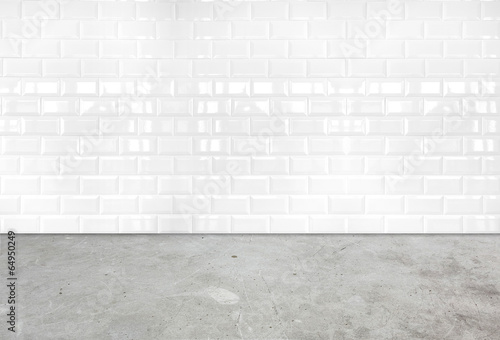 Room perspective white ceramic tile wall and cement ground