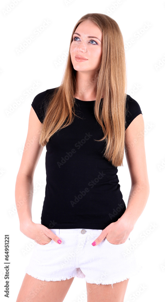 Fototapeta premium Beautiful young girl in shorts and t-shirt isolated on white