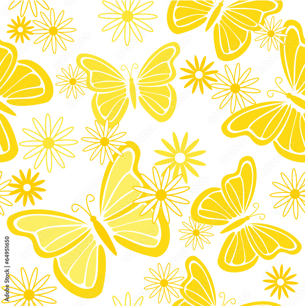 Yellow butterflies and flowers seamless background