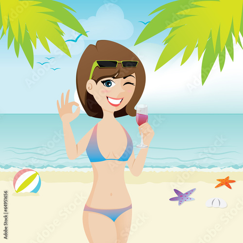 cartoon sexy girl on the beach with cocktail