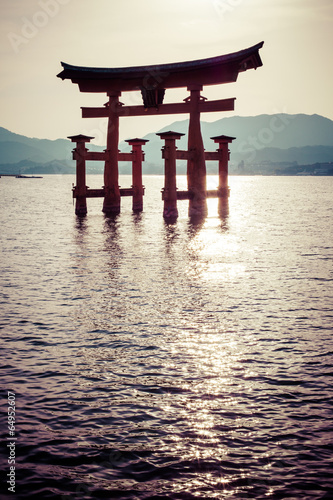 Miyajima big Shinto torii standing in the ocean Hiroshima Japan
