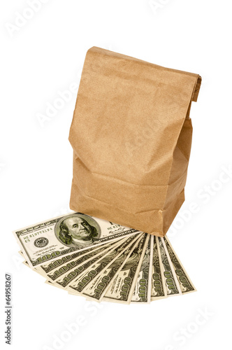 Money With Brown Lunch Bag Isolated On White