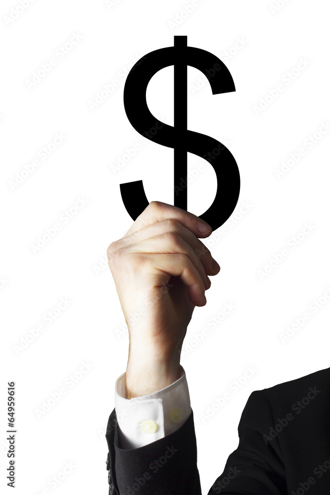 mann haelt dollarzeichen hoch businessmann dunkler hintergrund mann haelt dollarzeichen hoch businessmann dunkler hintergrund