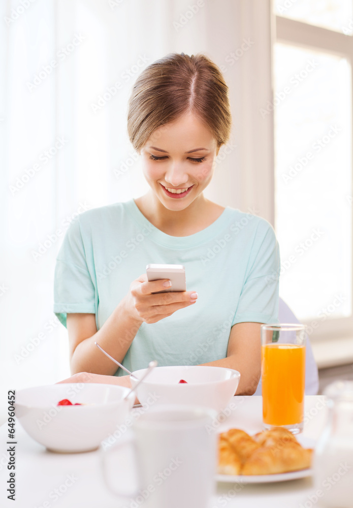 smiling young woman with smartphone reading news smiling young woman with smartphone reading news