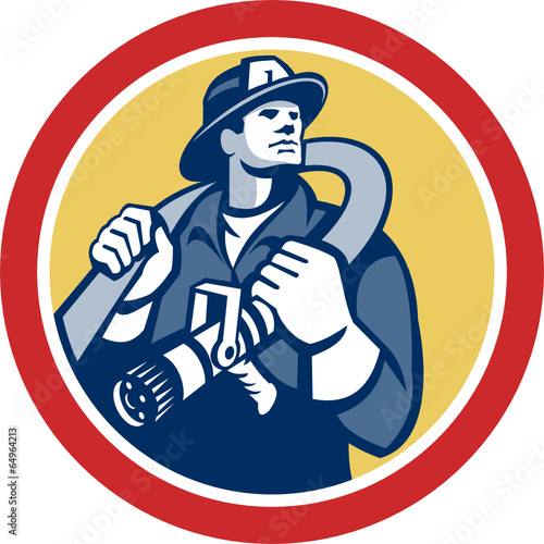 Fireman Firefighter Holding Fire Hose Retro