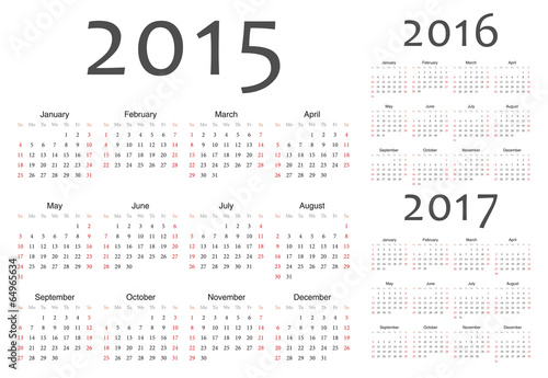 Set of european 2015, 2016, 2017 year vector calendars