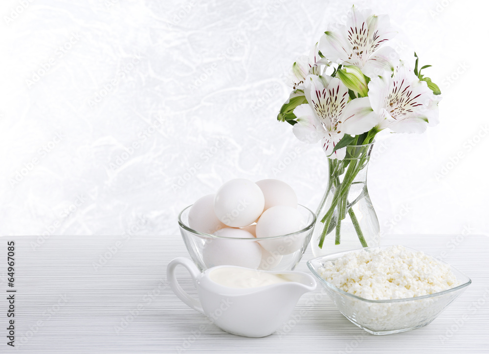 Tasty dairy products on wooden table Tasty dairy products on wooden table