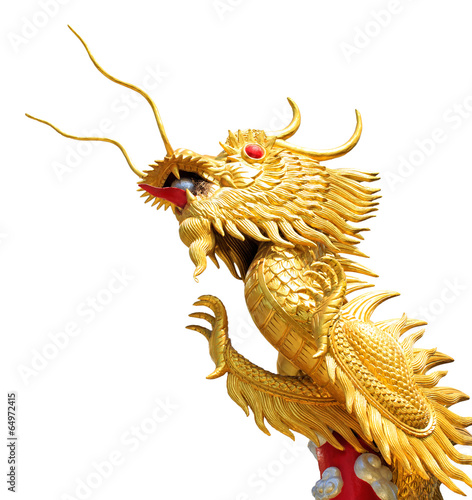 Photography Giant golden Chinese dragon on isolate white background