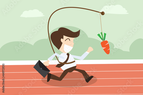 businessmen running with hanging carrot in motivation concept