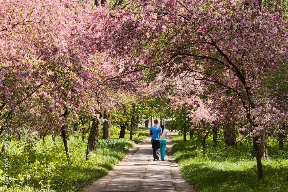 Couple of young people walking along a footpath in spring park Couple of young people walking along a footpath in spring park