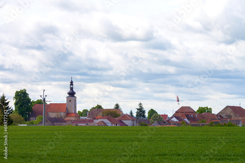 Small village and a green field