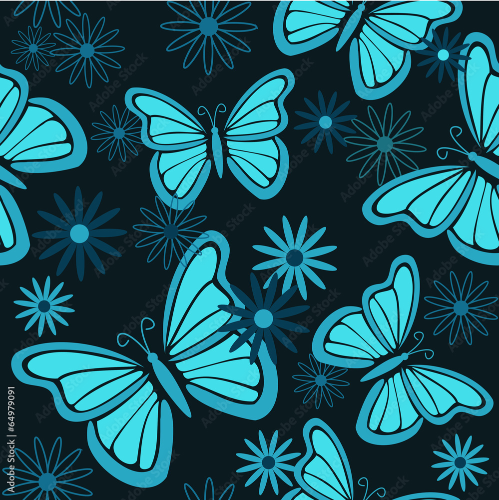 Obraz premium Blue butterflies and flowers seamless background