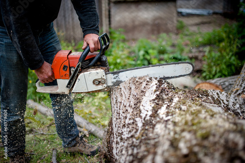 man cutting trees using an electrical chainsaw