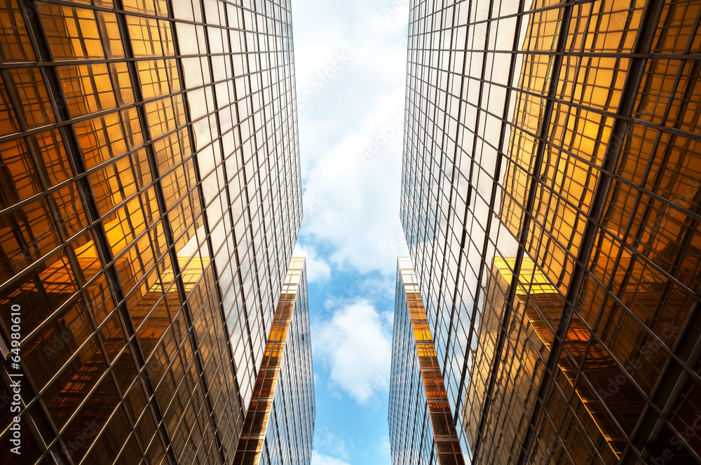 Obraz premium Upwards perspective of contemporary skyscrapers, Hong Kong
