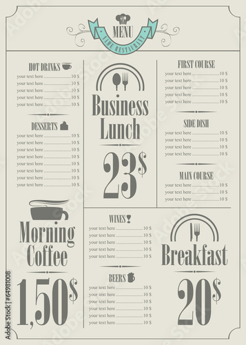 price list for the restaurant menu