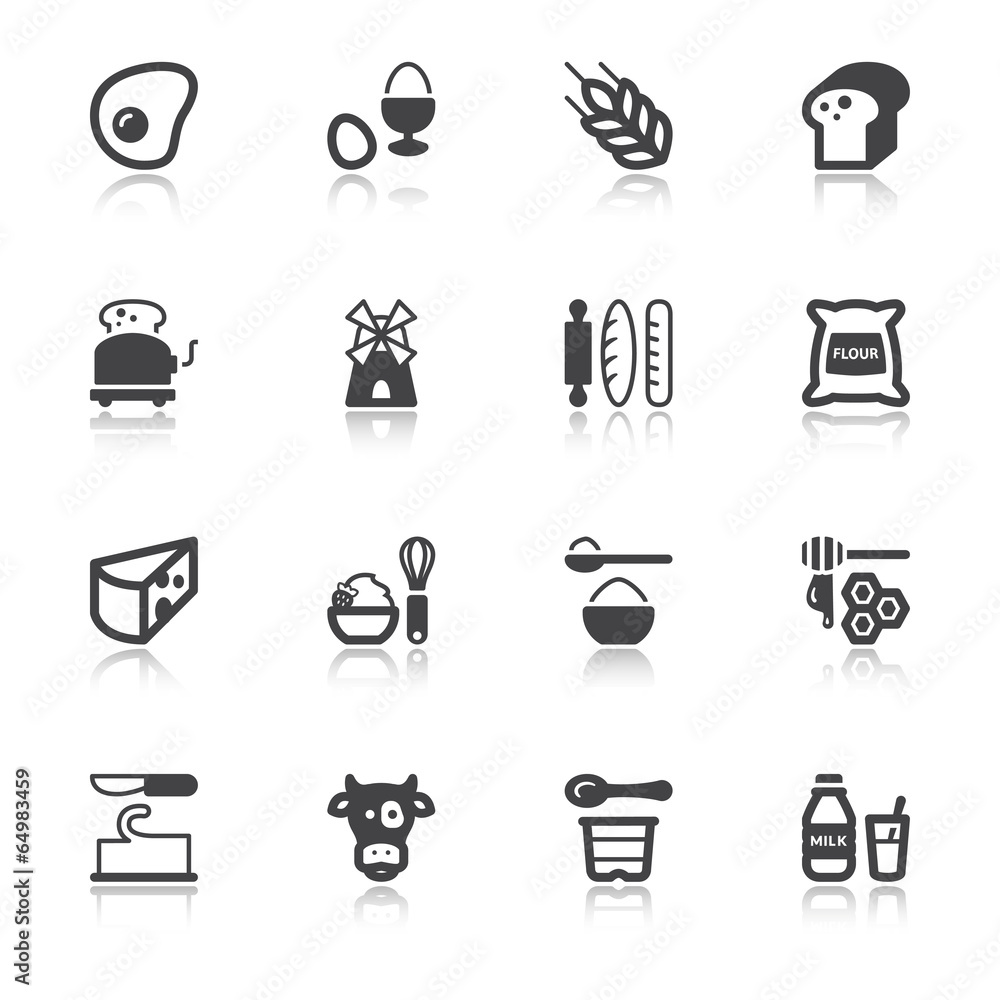 Dairy Egg Bread Sugar flat icons with reflection Dairy Egg Bread Sugar flat icons with reflection