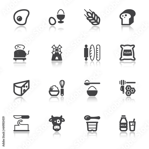 Dairy Egg Bread Sugar flat icons with reflection